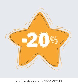 Cartoon vector illustration of star sticker, badge with 20% off label on white background.