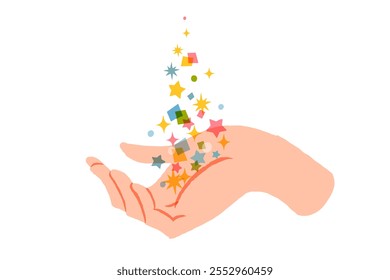 Cartoon vector illustration of stardust and magic in your hands. Human hand hold star on white background.