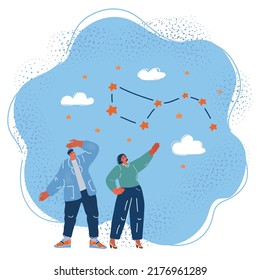 Cartoon vector illustration of stars in sky exploration. People looking at the big dipper constellation