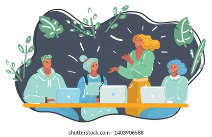 Cartoon vector illustration of startup business team on meeting in modern night office interior brainstorming, working on laptop. Female leader is talking.