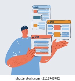 Cartoon vector illustration of startup business, software developer working and thinking about project structure, prototyping concept.