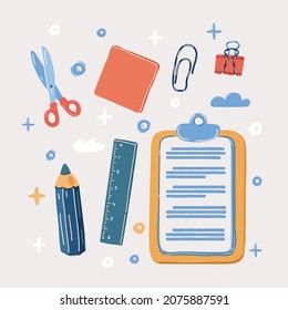 Cartoon vector illustration of stationary set on white. Scissors, sticker pack, pencil, tablet, paper clip, paper holder, ruler