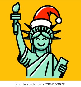 Cartoon vector illustration of the statue of liberty wearing a santa claus or christmas hat 