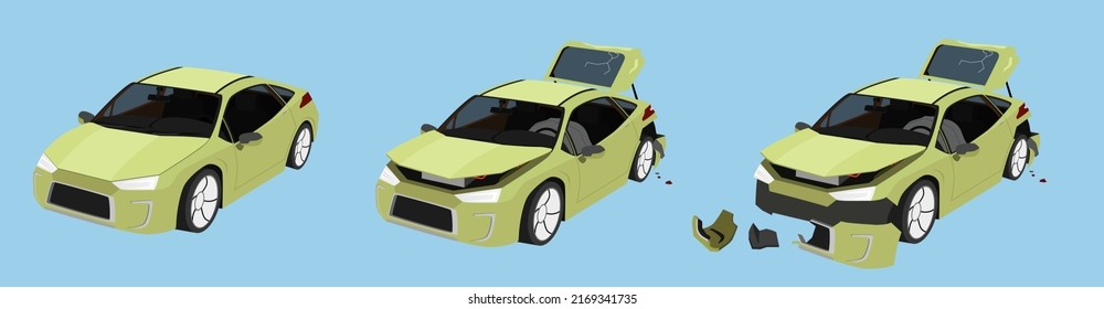 Cartoon vector or illustration. Status of the blue car from normal car To the car was slightly damaged. until the car was severely damaged Damage the entire front. Can see inside with in terior.