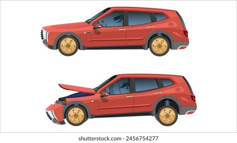 Cartoon vector or illustration of Status damage cars. Set of red car on a white background. Nomal status and Damage car front grille was damaged, causing the air bag system to deploy.