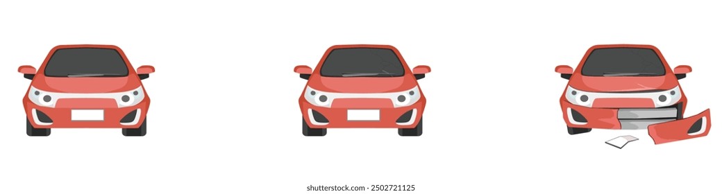 Cartoon Vector or illustration. Status front of the soft red car from normal car to the car was slightly damaged. until the car was severely damaged Damage the entire front.