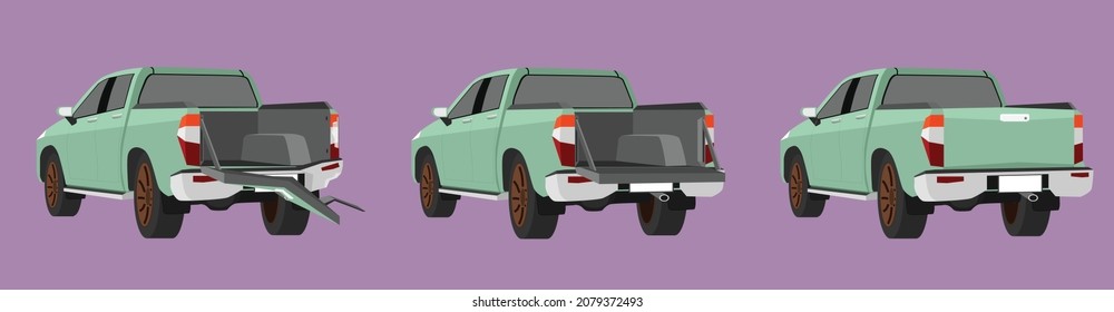 Cartoon Vector Or Illustration. Status Of The Green Truck Car From Normal Car To The Rear Side Of Car Was Slightly Damaged. Until The Car Was Severely Damaged Damage The Entire Rear End.