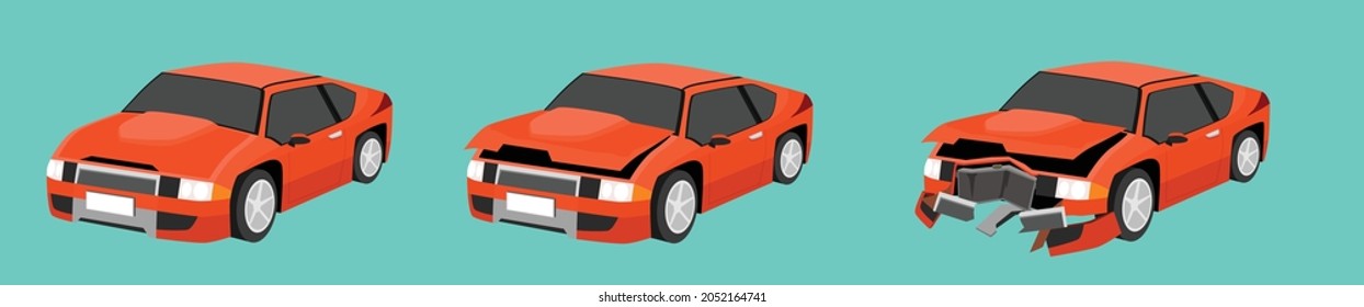Cartoon vector or illustration. Status of the orange car from normal car To the car was slightly damaged. until the car was severely damaged Damage the entire front.