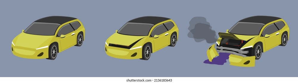 Vector de dibujos animados o ilustración. Estado del coche EV amarillo del coche normal. Al coche estaba ligeramente dañado. hasta que el coche sufrió graves daños. Daño en todo el frente con humo.