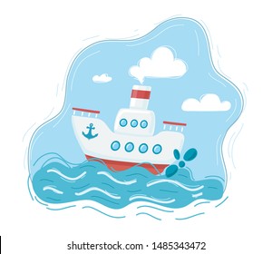 Cartoon vector illustration of Steamship, Sailboat in the wave of Sea or Ocean.