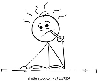 Cartoon vector illustration of stick man thinking hard about something or writing a text with pencil in his mouth.
