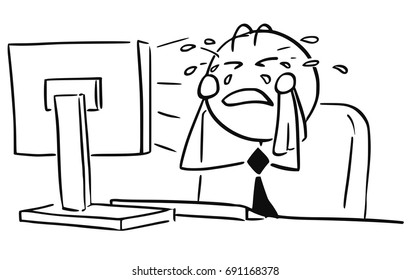 Cartoon vector illustration of stick man office worker, clerk, manager, businessman or programmer crying in front of the computer screen.