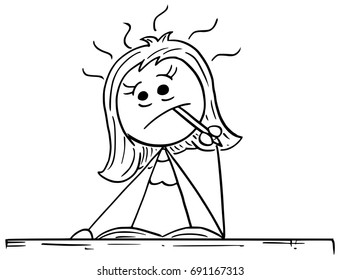 Cartoon vector illustration of stick woman thinking hard about something or writing a text with pencil in his mouth.