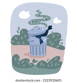 Cartoon vector illustration of of stincking garbage can full of rotting trash outside