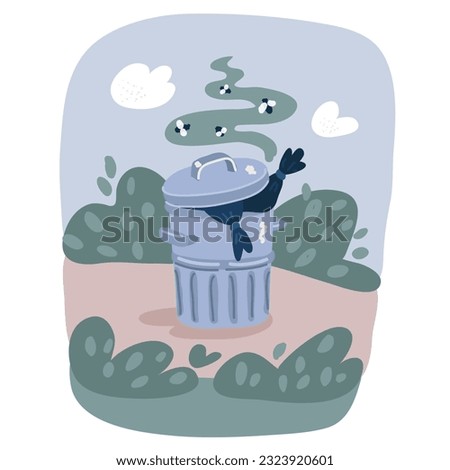 Cartoon vector illustration of of stincking garbage can full of rotting trash outside