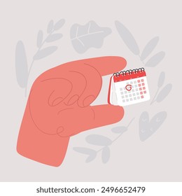 Cartoon vector illustration of Stock calendar in the hands of man. One hand man holding mini calendar