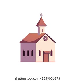 Cartoon vector illustration of a stone church with a Western-style tower on a white background. A building from a Texas village with traditional architecture