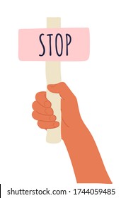 Cartoon vector illustration of Stop banner in human hand on white background. Test question. Choice hesitate, dispute, opposition, choice, dilemma, opponent view. Beige shaft and pink paper