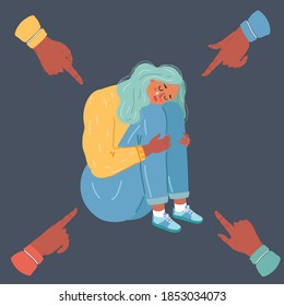 Cartoon vector illustration of Stop Bullying. Person being bullied on dark background. Young woman, outcast of group. Problem at school or work.