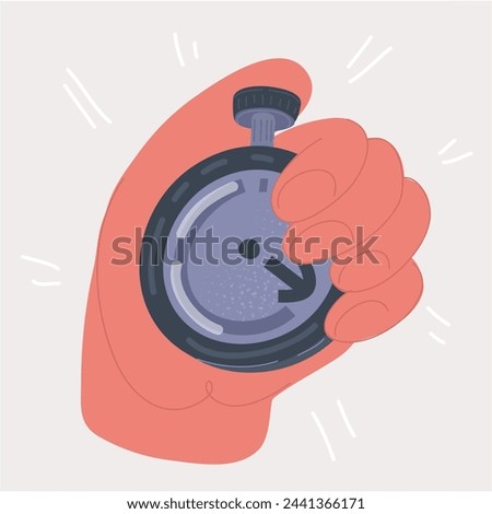 Cartoon vector illustration of Stopwatch in hand icon. Sport timer on competitions. Trainer holding stopwatch. Start, finish. Time management.