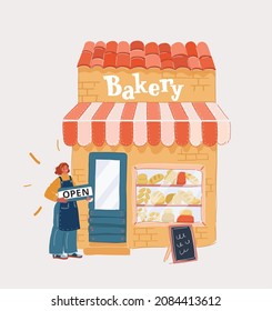Cartoon vector illustration of Store Owner Turning Open Sign In Backery Shop Doorway