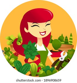 A cartoon vector illustration of a storekeeper with cactuses and other plants on a round frame.
