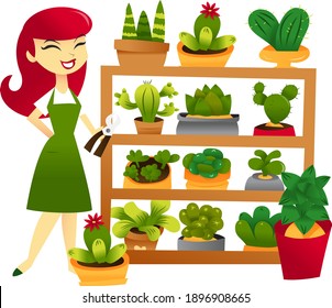 A cartoon vector illustration of a storekeeper with cactuses and other plants on large shelf.