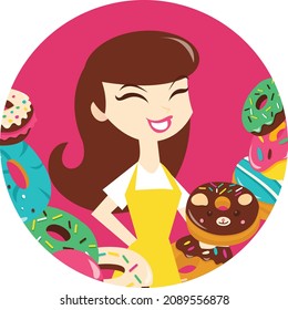 Ein Cartoon, Vektorgrafik eines Ladenbesitzers mit Donuts auf einem runden Rahmen.