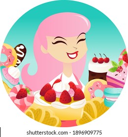 A cartoon vector illustration of a storekeeper with sweets and desserts on a round frame.