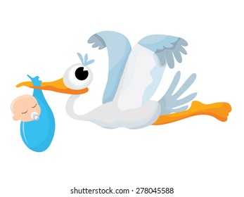 A cartoon vector illustration of a stork delivering a baby boy.