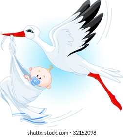 A cartoon vector illustration of a stork delivering a newborn baby boy