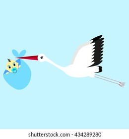 cartoon vector illustration of a stork delivering a newborn baby boy