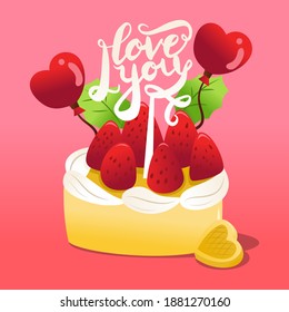 A cartoon vector illustration of a strawberries cake with i love you cake topper and heart shaped balloons.