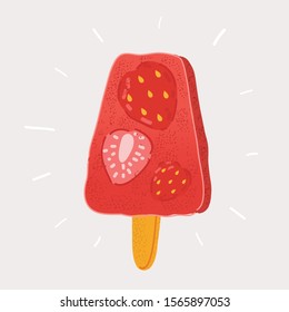 Cartoon vector illustration of strawberry juice ice cream on a stick. Object on white background.