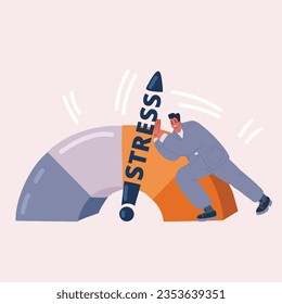Ilustración vectorial de dibujos animados del nivel de estrés, escala de ánimo. El hombre de negocios resuelve problemas y reduce la presión psicológica. Persona cansada por sobrecarga emocional y laboral.