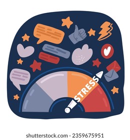 Cartoon vector illustration of Stress scale test with high level tension, risk for health. Stress regulation, safe health. Arrow on extreme level from overwork, over strain over dark backround