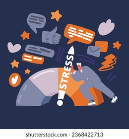 Cartoon vector illustration of Stressed man stress scale with arrow from red to green and the scale of emotions. The measuring device tachometer, speedometer, indicators over dark backround