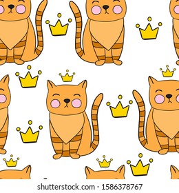 cartoon vector illustration of a striped ginger cat with a crown, children's textiles, pattern, on a white background