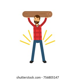 Cartoon vector illustration of strong bearded man in plaid shirt holding wooden log above his head