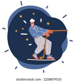 Cartoon vector illustration of Strong man pulling rope. Strength and motivation. Side view over dark background