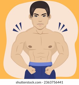 Cartoon Vector illustration of strong man showing muscles and strength. Healthy guy demonstrate muscular toned body portrait making bodybuilding and fitness