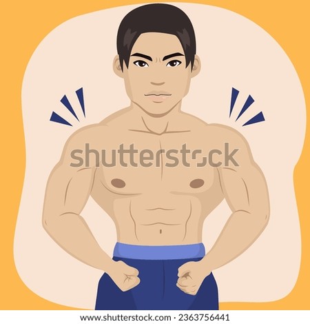 Cartoon Vector illustration of strong man showing muscles and strength. Healthy guy demonstrate muscular toned body portrait making bodybuilding and fitness