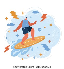 Cartoon vector illustration of Strong young surf man ride with a surfboard on wave.