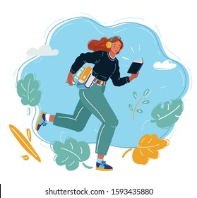 Cartoon vector illustration of Student with pile of books in hands. Young woman student with earphones. Reading and listens smiling man study. Self education. Late, assimilate information quickly.
