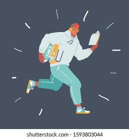 Cartoon vector illustration of Student with pile of books in hands. Young man student with earphones. Reading and listening smiling man study. Self education. Late, assimilate information quickly.