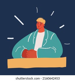 Cartoon vector illustration of Student sitting at over dark backround.