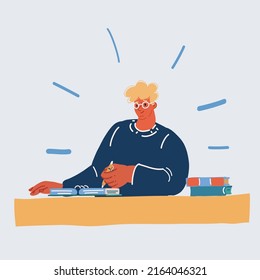 Cartoon vector illustration of student sitting in classroom and write in copybook