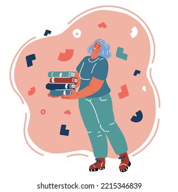 Cartoon vector illustration of Student woman holding pile books