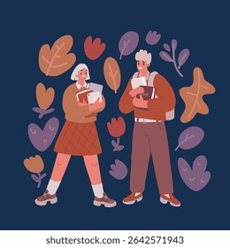 Cartoon vector illustration of students hold stack of books