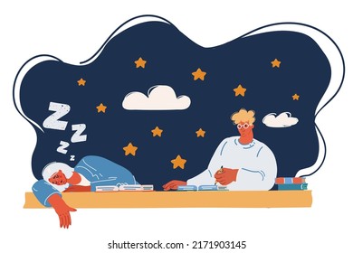 Ilustración vectorial de dibujos animados de estudiantes está estudiando en el escritorio. Alguien durmiendo sobre el oscuro fondo